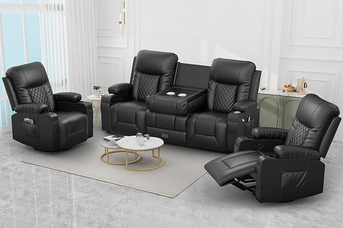 FURNIMAT Recliner Sofa Set with 3+1+1 Pieces in Living Room, 3 Seater Reclining Sofa with Flip Back Console, 2 Recliner Chair with 360 Degree Swivel Single Sofa Seat