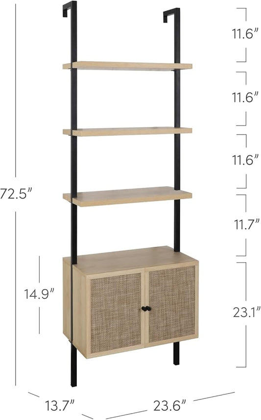 Nathan James Theo Industrial Open Shelf Bookcase with Accent Rattan Drawers Light Oak Wood, Matte Black Frame, Set of 3