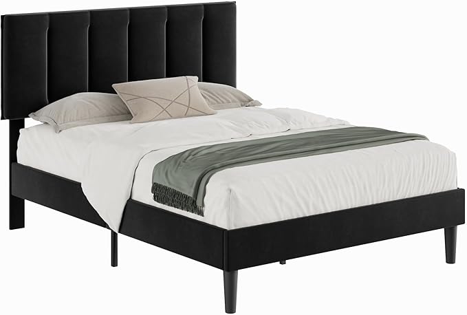 VECELO Queen Bed Frame with Upholstered Headboard, Heavy-Duty Platform Bedframe with Strong Wooden Slats Support, No Boxing Spring Needed, Velvet & Black