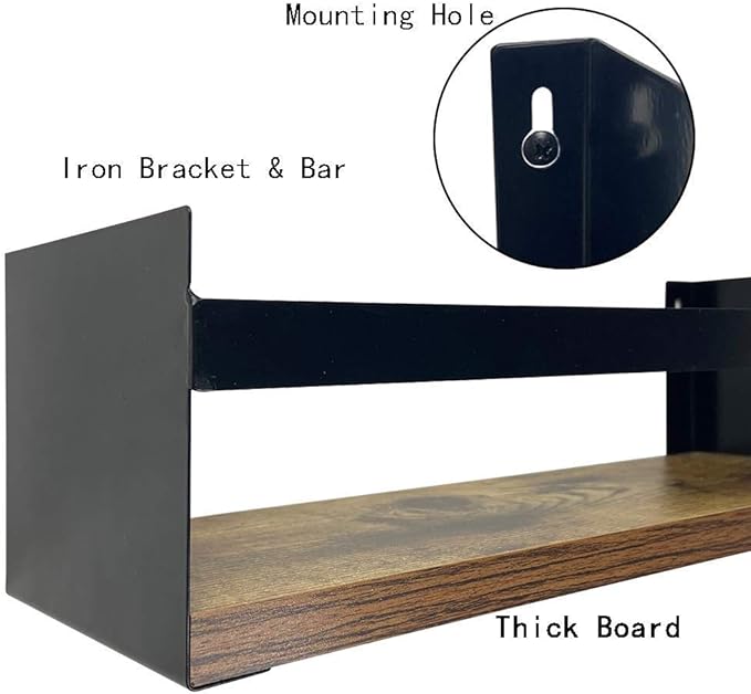 Giftgarden Black Floating Shelves for Wall Set of 3, Industrial Thick Wall Shelf Rack with Iron Rail Bracket for Storage Bathroom Kitchen Bedroom Plant Nursery Books Laundry
