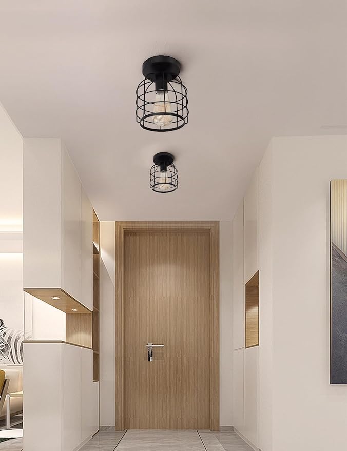 Industrial Semi Flush Mount Ceiling Light Fixture Black Farmhouse Lighting for Hallway, Kitchen, Dining Room, Bedroom, Modern Indoor Hanging Light (2 Pack)