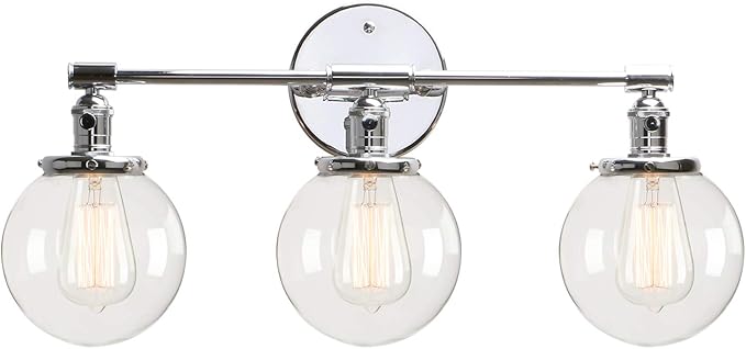 Permo Vintage Industrial Antique Three-Light Wall Sconces with Mini 5.9" Round Clear Glass Globe Shade (Chrome)