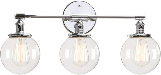 Permo Vintage Industrial Antique Three-Light Wall Sconces with Mini 5.9" Round Clear Glass Globe Shade (Chrome)