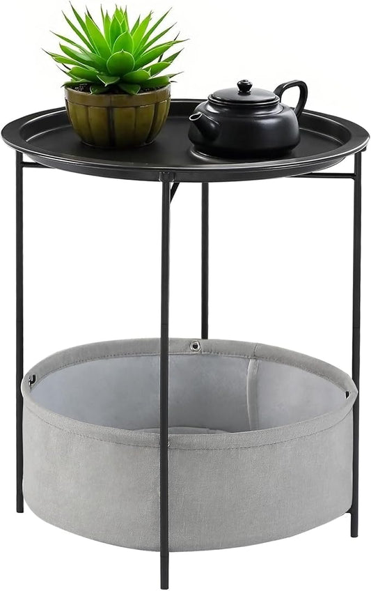 VECELO Round Side/End Table with Fabric Storage Basket，Metal Anti-Rust and Waterproof Small Bedside Nightstand with Removable Tray Top for Living Room，Balcony & Laundry，Black /1pcs with Basket