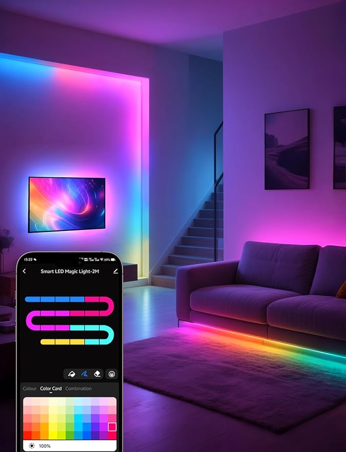 RGB+IC LED Strip Light, 6.6ft Smart LED Light for Bedroom, Bluetooth APP Control, Color Changing LED Strip Lighting, 44 Scene Modes, Music Sync, TV Backlight Behind Strip, Home Decor, Gaming Room