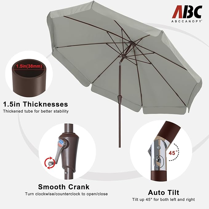 ABCCANOPY 10ft Scalloped Patio Umbrella, Outdoor Table Umbrella with Tilt and Crank, Fiberglass Ribs Deck Umbrella for Patio, Pool, Garden, Picnic (Light Gray)