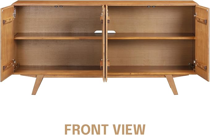 NTC Sapa Mid-Century Modern Solid Wood Sideboard – 4-Door Accent Buffet Cabinet with Carved Geometric Fronts, for Living Room, or Entryway, Effortless Assembly, Teak Look