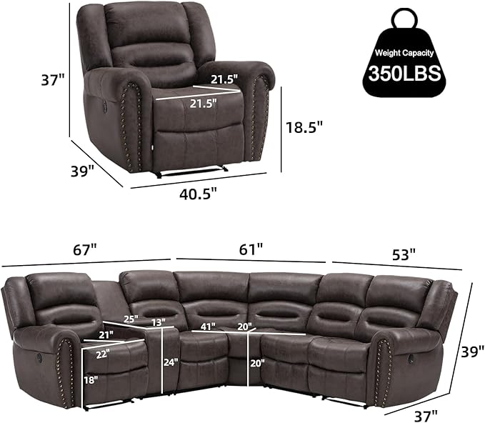EBELLO Faux Leather Reclining Sectional Sofa Set, L-Shaped Power Corner Couch Home Furniture Set with Storage Console, Cup Holders, USB Port(Dark Brown,Sofa with Recliner)
