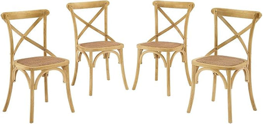 Modway Gear Rustic Modern Farmhouse Elm Wood Rattan Four Dining Chairs in Natural