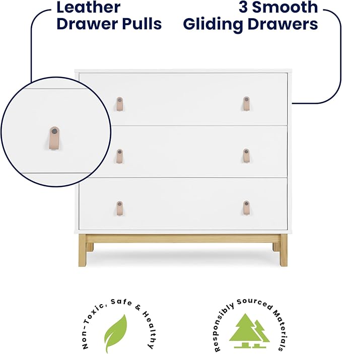 babyGap Legacy 3 Drawer Dresser with Leather Pulls and Interlocking Drawers by Delta Children, Bianca White/Natural