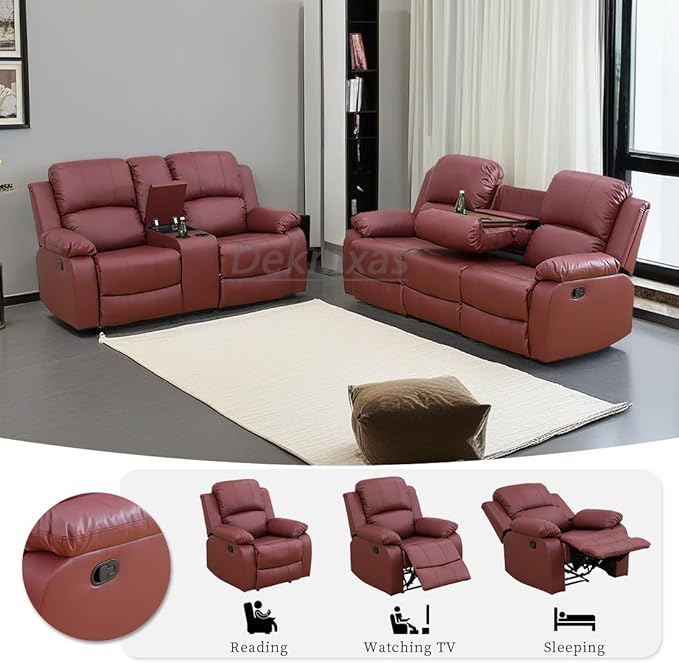2PCS Manual Recliner Sofa Set Living Room Furniture Sets Bonded Leather Reclining Couch Set Modern Sofa and Loveseat Set with Cup Holders/Overstuffed Arms for Home/Office (Red,Sofa+Loveseat)