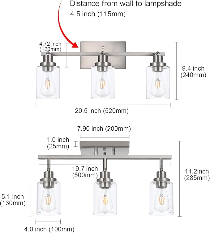 MELUCEE 3 Light Bathroom Vanity Light Brushed Nickel Track Lighting Fixtures Ceiling, Wall Light Fixtures with Rotatable Track Head for Hallway Porch Foyer Bath Storage, Clear Glass Shade