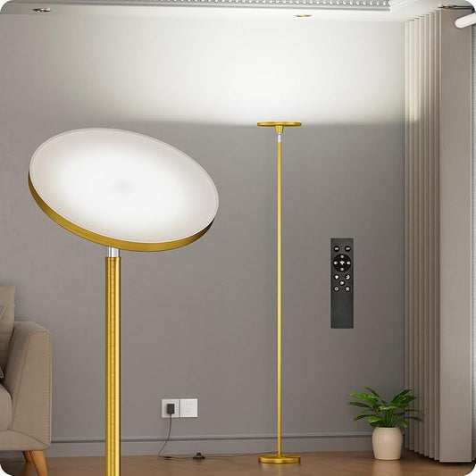 Dimmable Floor Lamp with Remote，Floor Lamps for Living Room Bedroom Office，Adjustable Brightness (10%-100%) and Color Temperature (3000k- 6000k)，Standing Lamp Tall Lamp with Foot Switch (Gold)