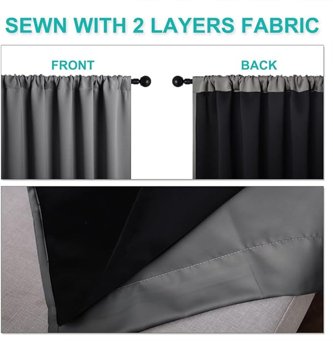 NICETOWN 100% Blackout Cold Blocking Curtains 63 inches Long, Soft Thermal Insulated Rod Pocket 2-Layer Lined Drapes, Energy Efficiency Window Draperies for Bedroom (Grey, 2 Panels, 42-inch W)