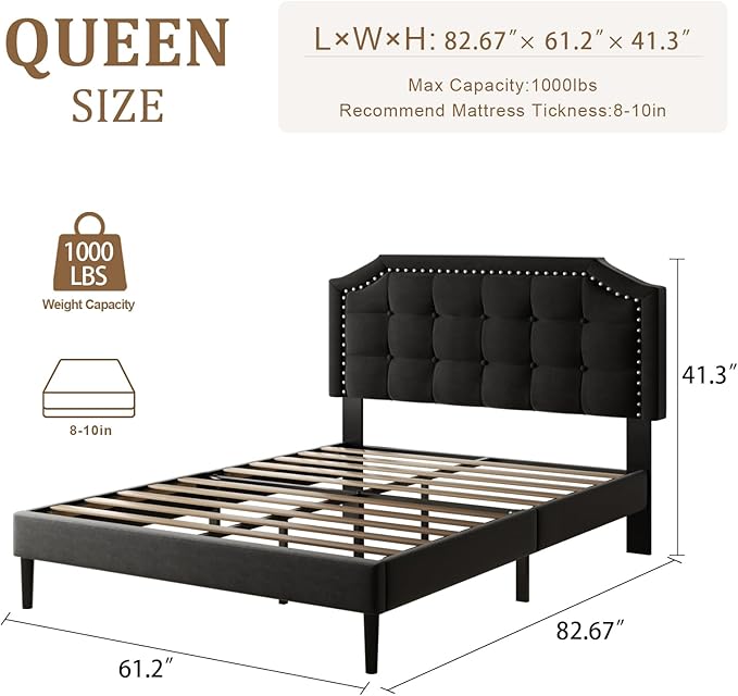 Queen Size Bed Frame, Queen Size Platform Bed Frame with Upholstered Button Tufted Headboard, Strong Wood Slats, No Box Spring Needed, Mattress Foundation, Easy Assembly Black