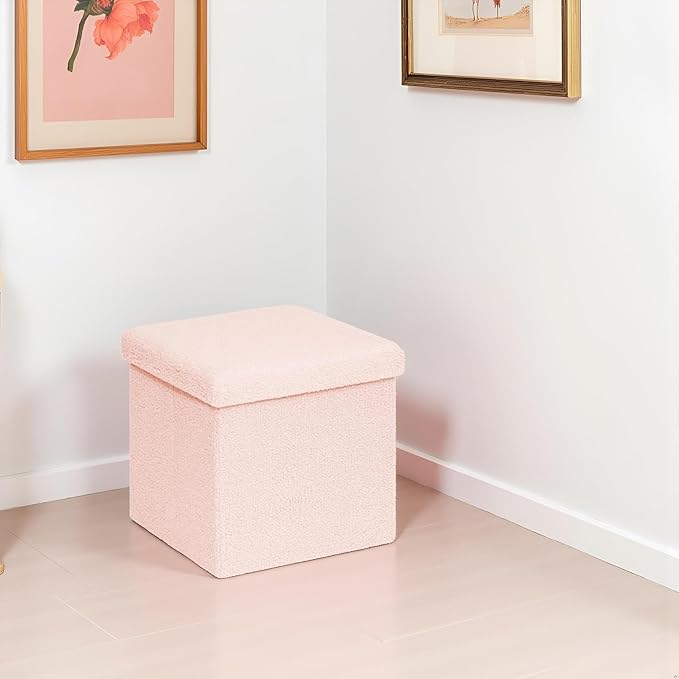 15in Small Storage Ottoman Foldable Sherpa Top Storage Bench,Foot Rest/Step Stool for Bedroom Dorm Entryway, Space Saving for Small Spaces-Pink