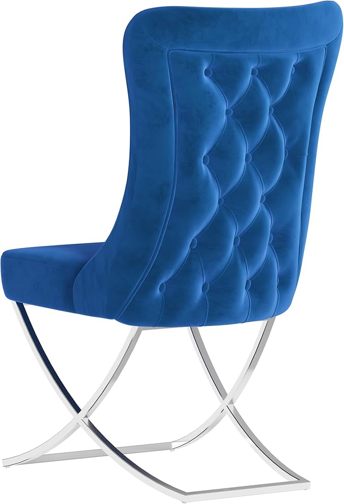 Ottomanson Royal Dining Chairs Set of 2 – Upholstered Tufted Microfiber, Assembled, Silver Metal Legs, Beech Wood Frame, 350 lb Capacity, Blue