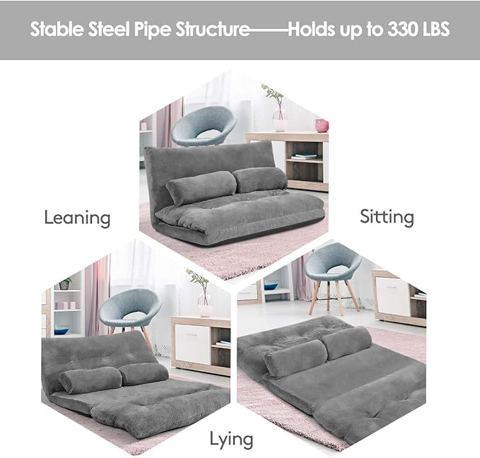 Giantex Adjustable Floor Sofa Couch with 2 Pillows, Multi-Functional 6-Position Foldable Lazy Sofa Sleeper Bed, Multi-Functional Suede Floor Seating Sofa for Reading Gaming (Gray)
