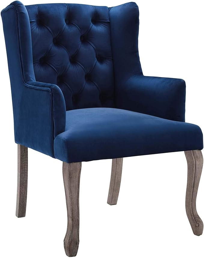 Modway Realm French Vintage Tufted Performance Velvet Kitchen and Dining Room Arm Chair in Navy