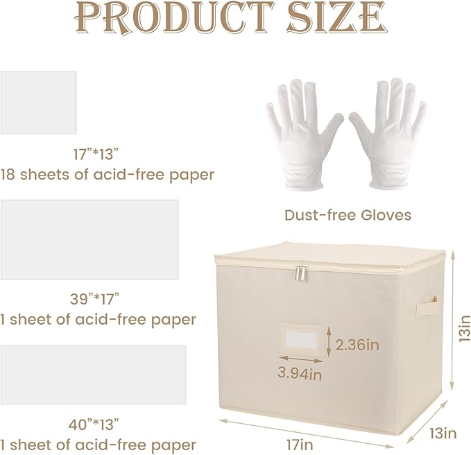 Wedding Dress Storage Box with 1 Pair of Microfiber Gloves and 20 Sheets of Acid-Free Paper, Wedding Dress Preservation Box for Heirlooms, Gowns Bride Musthaves(Beige)