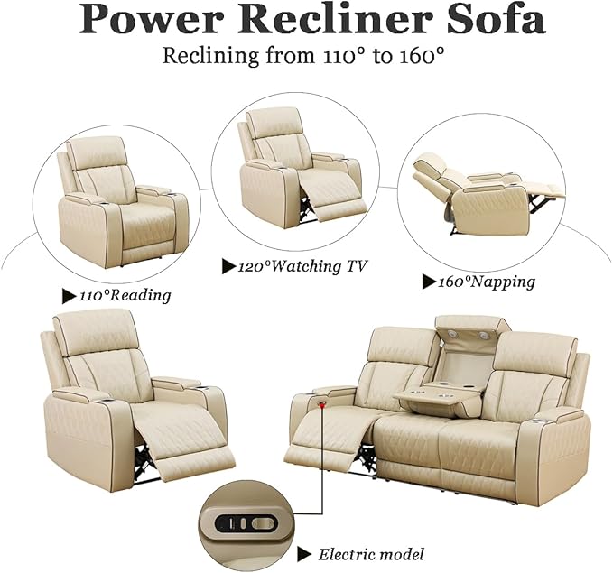A Ainehome Power Leather Recliner Sofa Set, Recliner Sofa Sectional Couches for Living Room, Reclining Sofa, loveseat, Chair with Storage Console/Cup Holders(Khaki,Sofa+Chair)