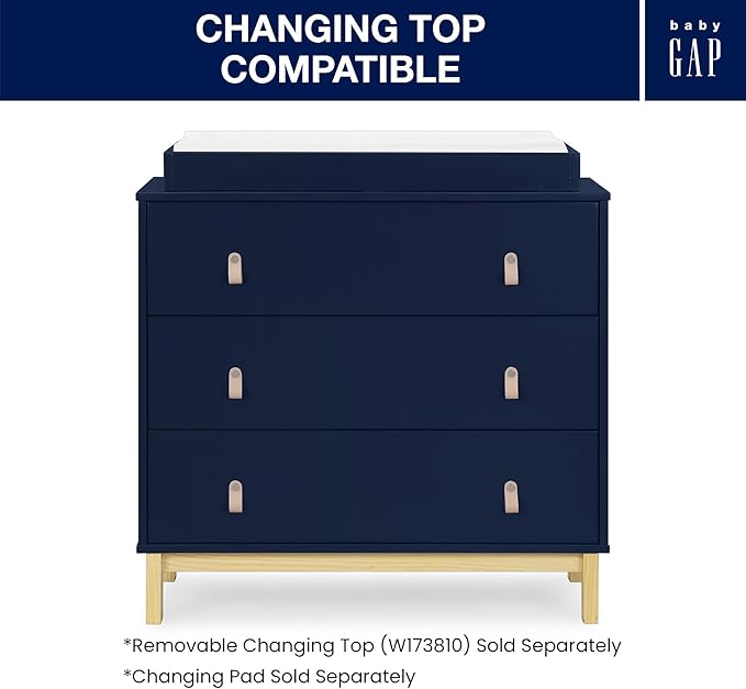 babyGap Legacy 3 Drawer Dresser with Leather Pulls and Interlocking Drawers by Delta Children, Navy/Natural