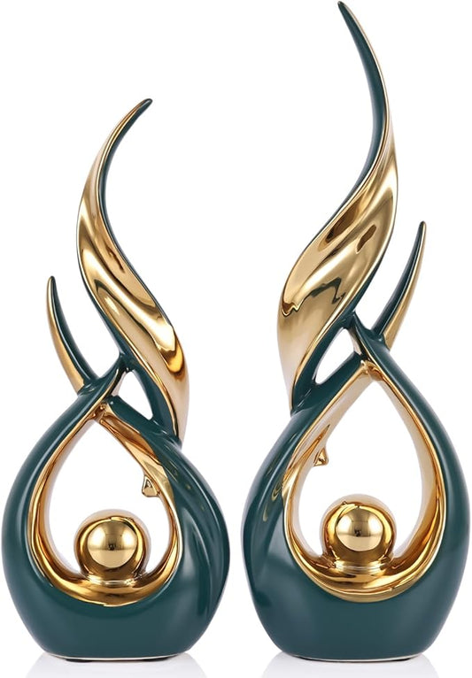 2 PCS Green Gold Ceramic Statues For Home Decor Accents, Modern Abstract Art Sculptures, Elegant Tabletop Decorative Objects For Dining Room, Entryway, Tv Stand, Mantel, Coffee Table Centerpieces