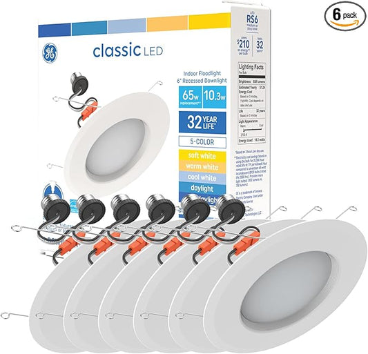 GE LED Recessed Downlight Fixture, RS6 Indoor Floodlight, 6-Inch, Multiple Color Temperatures, 65 Watt Replacement (6 Pack)