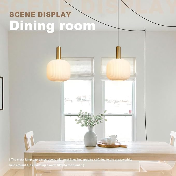 White Pendant Lights Plug in Milk Glass Hanging Light with Plug in Cord 14.75FT Adjustable Mid Century Hanging Lights for Kitchen Island Dining Room Living Room Bar, 2 Pack