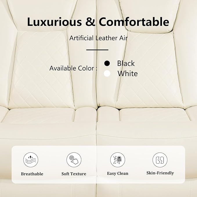 Power Recliner Sectional Couch with LED, Leather Reclining Sofa for Living Room, Muti-Functional Recliner Corner Sofa with Storage Console/Cup Holders/USB Ports (Creamy White, SECTIONAL)