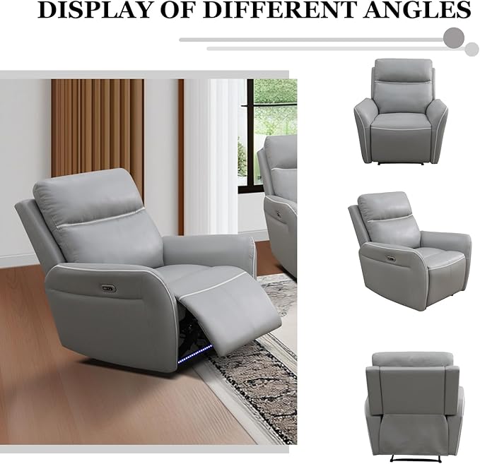Power Recliner Chair for Living Room, Air Leather Reclining Chair with LED Lighting&USB for RV (Light Grey)
