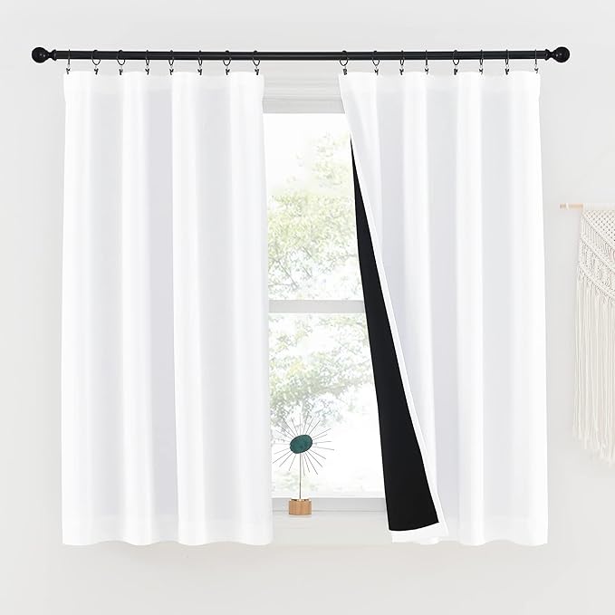 NICETOWN White 100% Blackout Short Curtains, 2 Thick Layers Completely Blackout Rod Pocket Thermal Insulated Drapes for Kitchen/Bedroom (1 Pair, 42 inches Width x 45 inches Length Each Panel)