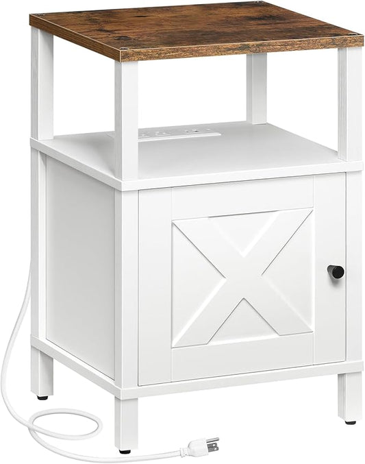 Farmhouse Nightstand with Charging Station, White Bedside Table with USB&Type-C Ports and Outlets, End Table with Storage, Night Stand for Bedroom, White and Rustic Brown ETRW96E01
