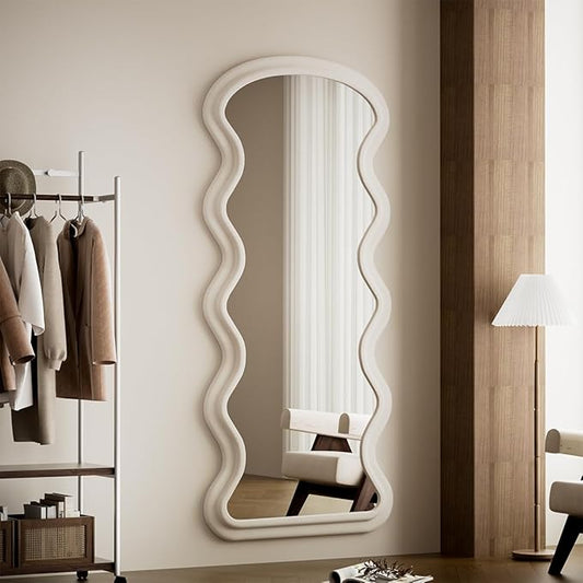 Koonmi 63"x24" Wavy Mirror Full Length, Flannel Floor Mirrors, Irregular Wavy Standing Mirror Wall Mounted with Flannel Wrapped Frame for Bedroom & Living Room, White