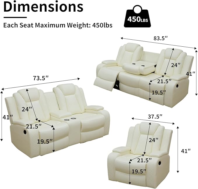 Power Leather Recliner Sofa with LED Light，38" Power Single Recliner Chair USB Port/Storage Armrest,Leather Couch for Living Room/Office/Lounge/Rv Car/Club/Apartment(White,Chair)