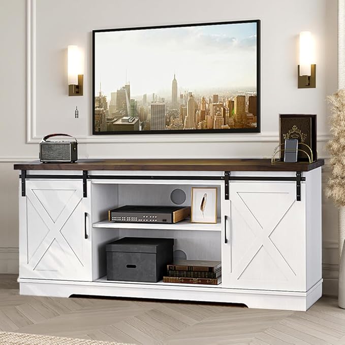 IDEALHOUSE Farmhouse TV Stand, Entertainment Center for 65 Inch TV Media Console Table, White Barn Door TV Stand with Storage and Shelves, Modern TV Console Cabinet Furniture for Living Room