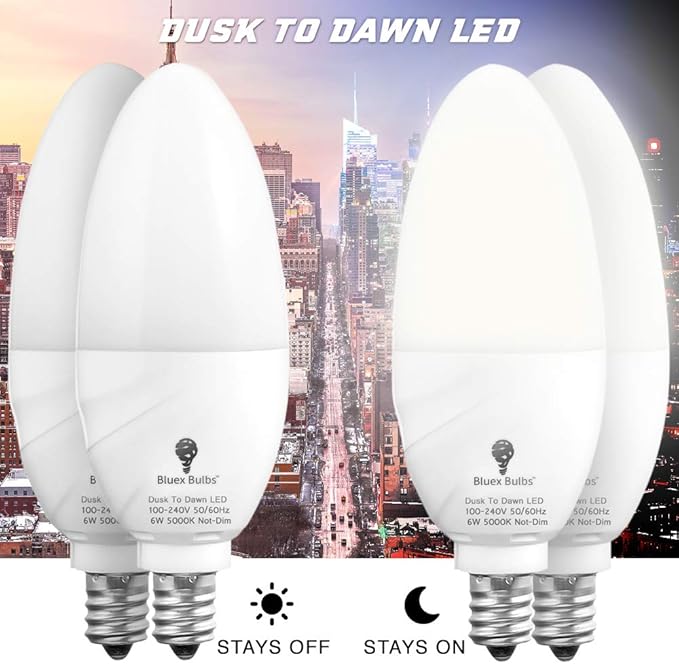 6 Pack BlueX Dusk to Dawn LED Bulbs, 6W E12 Base Light Bulb - 65W Equivalent – 5000K Daylight White - Smart Light Sensor Candelabra Bulb, Home Security Driveway, Yard, Porch Lighting