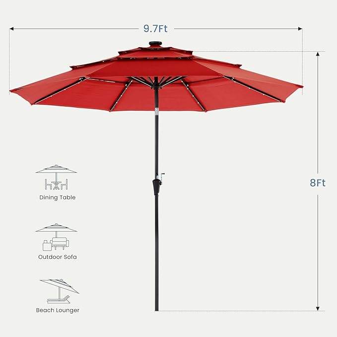 DUMOS 10FT 3-Tier Outdoor Patio Umbrella with 32 LED Lights & Crank, 8 Sturdy Ribs Table Umbrella for Pool, Market, Terrace, Beach and Outdoor Restaurant, Scarlet