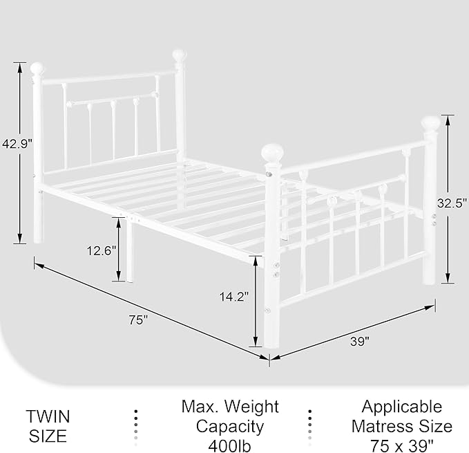 VECELO Twin Size Metal Platform Bed Frame with Headboard and Footboard, Heavy Duty Slat Support/No Box Spring Needed Mattress Foundation/Underbed Storage Space, Victorian Style