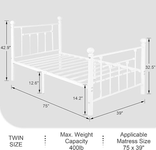 VECELO Twin Size Metal Platform Bed Frame with Headboard and Footboard, Heavy Duty Slat Support/No Box Spring Needed Mattress Foundation/Underbed Storage Space, Victorian Style