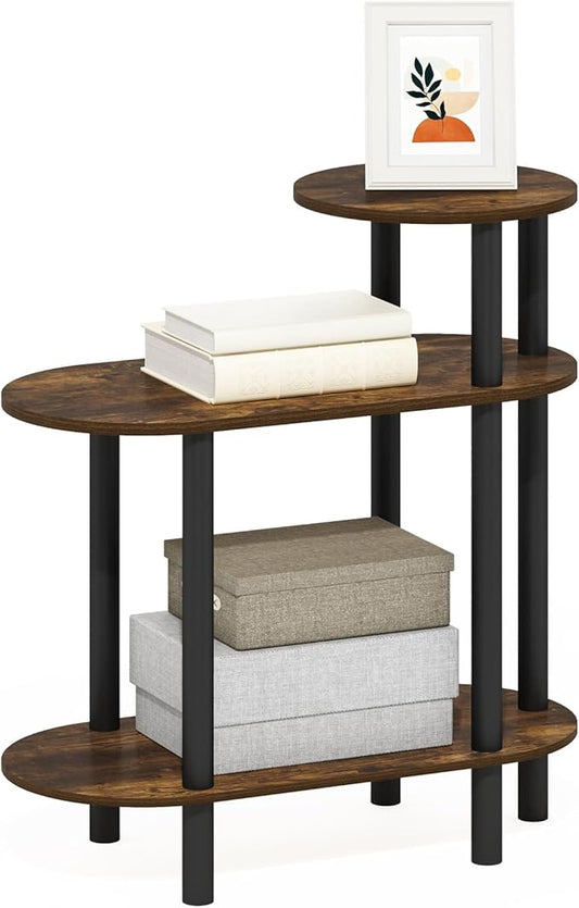 Furinno Turn-N-Tube Side Table, 3-Tier Oval Sofa End Table with Open Shelf, Toolless Assembly Night Stand, Bedside Table, for Living Room, Bedroom, Amber Pine