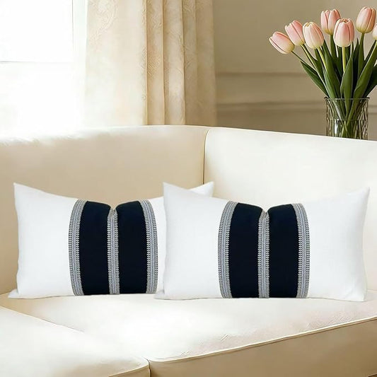 Slow Cow Pack of 2 Linen Off White and Black Patchwork Rectangular Throw Pillow Cover Decorative Cushion Cover for Couch Sofa Lumbar 12 x 20 Inches