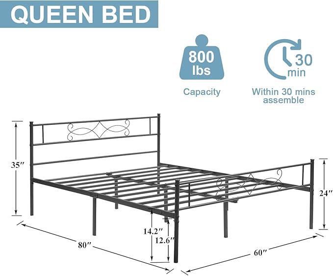 VECELO Queen Size Metal Platform Bed Frame with Headboard/Premium Steel Slat Support/No Box Spring Needed/Noise-Free Anti-Slip/Easy Assembly
