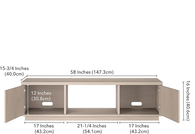 Henn&Hart Fluted TV Stand for TVs up to 65" with 2 Side Storage Cabinets and Open Center Storage for Living Room, Family Room, or Office, Beech White