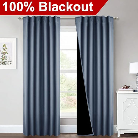 NICETOWN Thermal 100% Blackout Curtains, Noise Reducing Performance Drapes with Black Lining, Full Light Blocking Draperies for Overnight Shift Worker (Stone Blue, 1 Pair, 52 inches x 95 inches)
