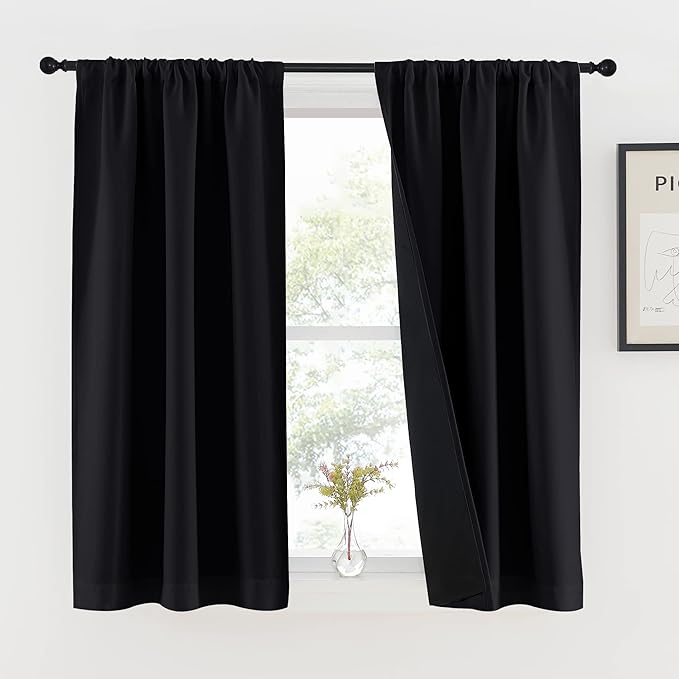 NICETOWN 100% Blackout Kitchen Curtains 54 inches Long, Double-Deck Completely Blackout Window Treatment Thermal Insulated Lined Rod Pocket Drapes for Infant (Black, 1 Pair, 37" Width Each Panel)