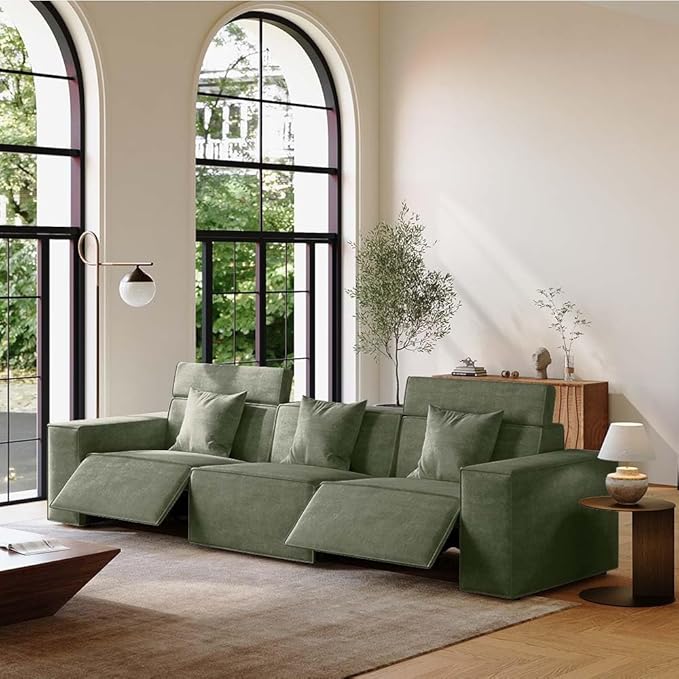 114.67'' Power Recliner Couch, Modern Recliner Sofa for Living Room, Performance Fabric Couch with Pillows, Mid Century Modern Sofa, Pet Friendly, Free Combination for Home, Green