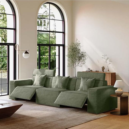 114.67'' Power Recliner Couch, Modern Recliner Sofa for Living Room, Performance Fabric Couch with Pillows, Mid Century Modern Sofa, Pet Friendly, Free Combination for Home, Green