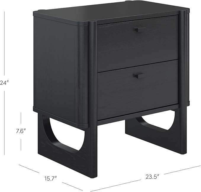 Nathan James Solace Mid Century Modern 2 Drawer Nightstand with Solid Wood Frame and Rounded Details, Black Set of 2