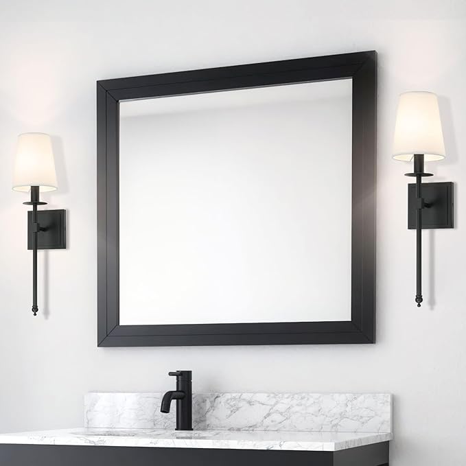 XiNBEi Lighting Black Wall Sconces Set of 2, Classic Sconces Wall Lighting with Flared White Fabric Shade 1 Light Wall Lamps for Bedroom Bedside Corridor & Living Room